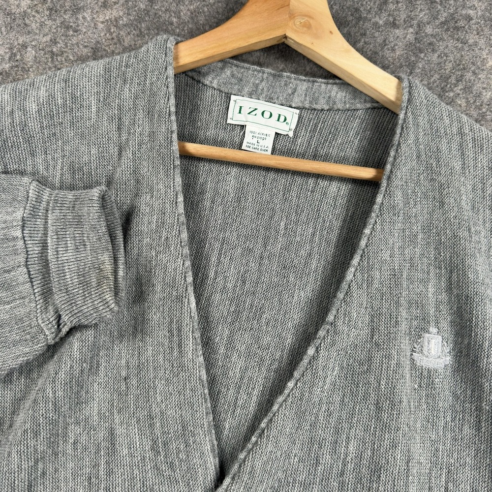 Vintage IZOD Sweater Mens Large Gray Acrylic Cardigan Made USA V Neck Logo